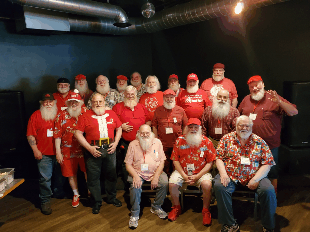 A photo of Santa Claus performers at the June 2024 NORPAC Santas meeting.