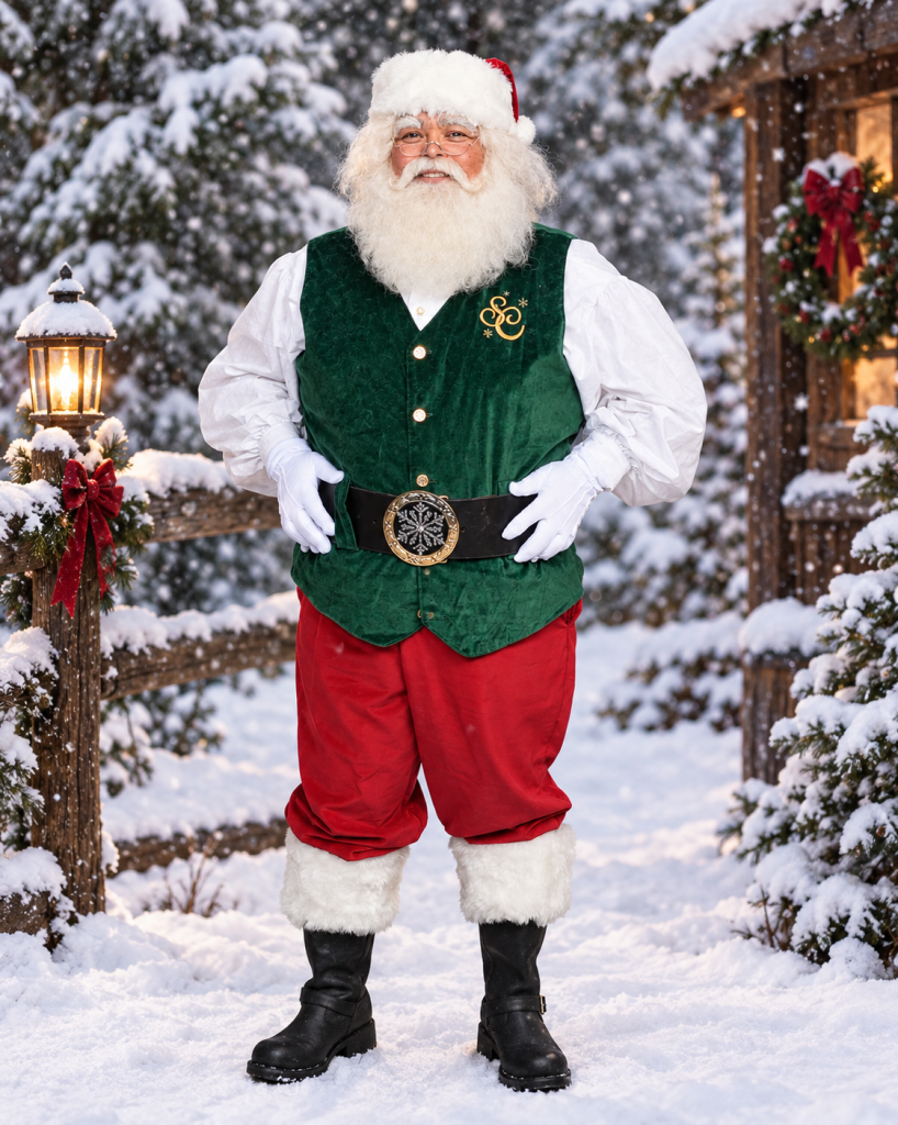 Camano Santa Joe Brigham in a green velvet vest and red trousers in the snow