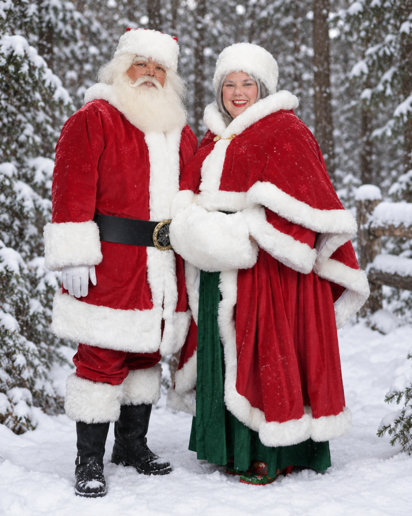 Camano Santa and Mrs. Claus together in a snowy forest