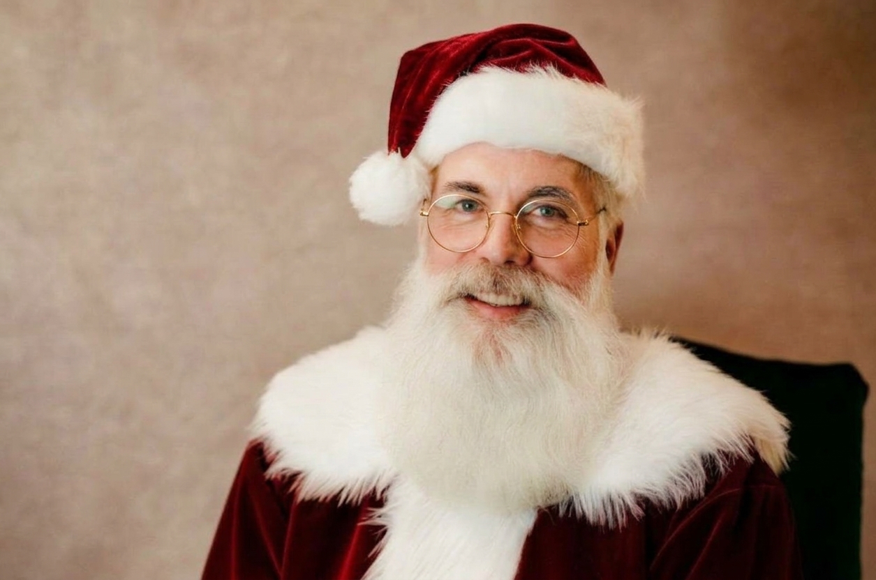 Santa Rob Kowalski in a red velvet Santa suit and hat with round gold glasses